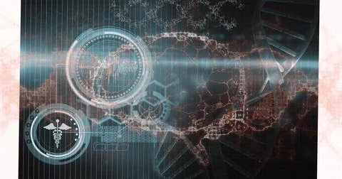 Image of dna strand and human brain spinning over scope scanning イラスト素材