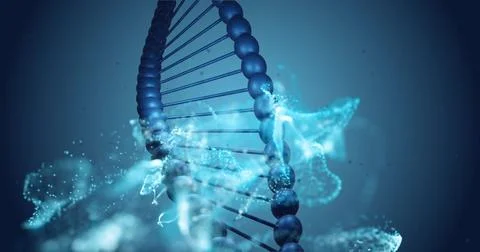 Image of dna strand and mesh of glowing spots on dark background Stock Illustration
