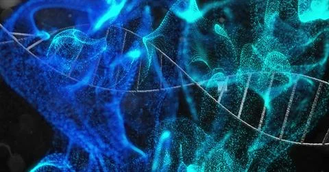 Image of dna strand and mesh with spots of light on dark background Stock Illustration