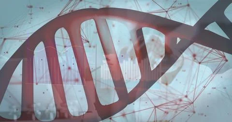Image of dna strand and network of connections over caucasian scientist in lab Ilustração Stock