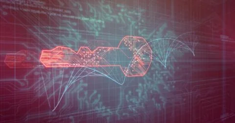 Image of dna strand and network of connections over key and data processing 库存插图