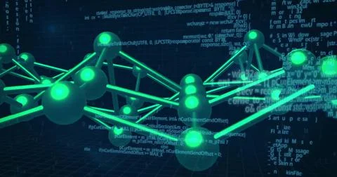 Image of dna strand, binary coding and data processing over black background 库存照片