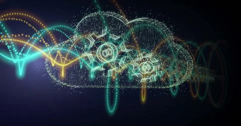 Image of dna strand, cogs, cloud, light trails and data processing over dark Stock Illustration
