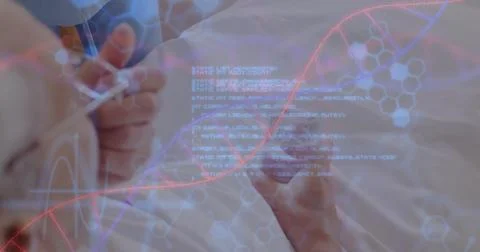 Image of dna strand with data processing over senior african american woman Stock Illustration