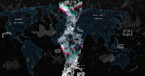 Image of dna strand, data processing and statistics over world map Illustrazione stock