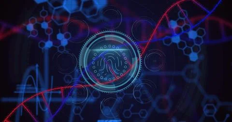 Image of dna strand, data processing over biometric fingerprint Foto stock