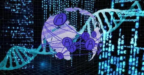 Image of dna strand, data processing over globe on black background Foto stock