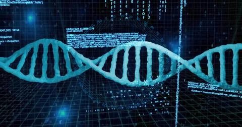 Image of dna strand, data processing over scope scanning on black background Foto stock
