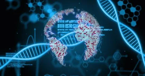 Image of dna strand, data processing over globeon black background Foto stock