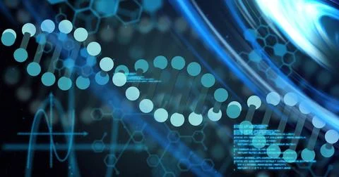 Image of dna strand, digital data processing over scope scanning on black Stock Illustration