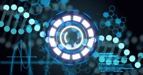 Image of dna strand, digital data processing over scope scanning on black 스톡 일러스트