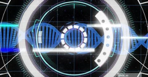 Image of dna strand, digital data processing and scope scanning Illustrazione stock
