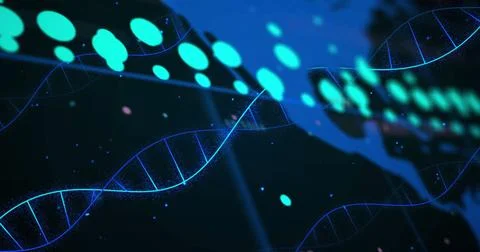 Image of dna strand digital data processing over world map 스톡 사진