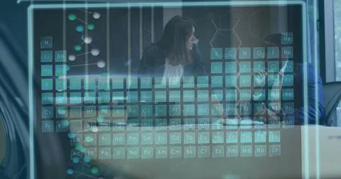 Image of dna strand nd data processing over business people in office Fotos de archivo