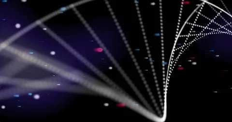 Image of dna strand over colourful spots Ilustração Stock
