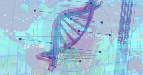 Image of dna strand over data processing and world map Ilustração Stock