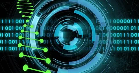 Image of dna strand over data processing and scope scanning on black background Stock Illustration