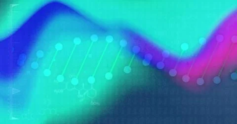 Image of dna strand over data processing on colourful background Stock-Illustration