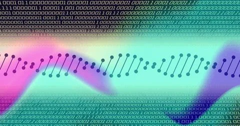 Image of dna strand over data processing on colourful background Illustrazione stock