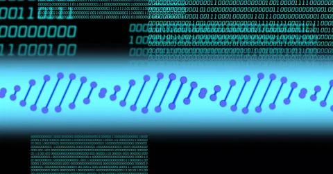 Image of dna strand over data processing on black background Illustrazione stock