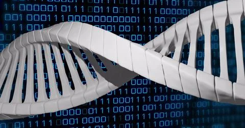 Image of dna strand over data processing on black background Stock Photos
