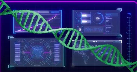 Image of dna strand over data processing on black background 스톡 사진