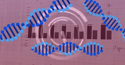Image of dna strand over data processing Stock Photos