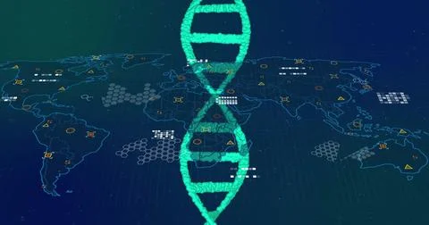 Image of dna strand over data processing and world map Stock Photos
