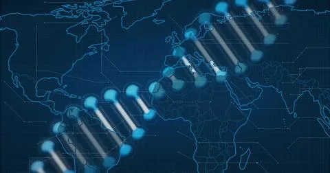 Image of dna strand over data processing and world map Foto stock