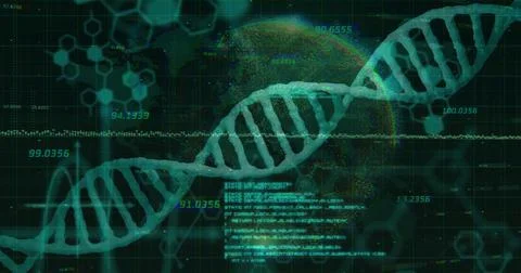 Image of dna strand over data processing and globe Foto stock