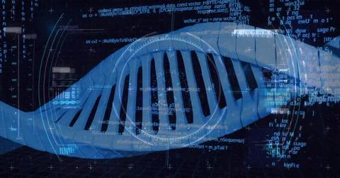 Image of dna strand over data processing Stock Photos
