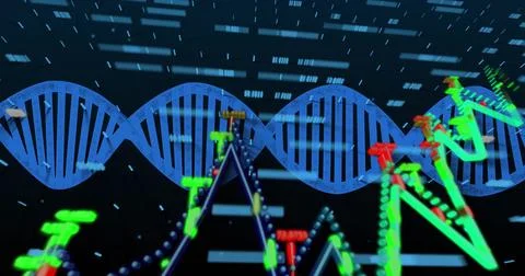 Image of dna strand over data processing Foto stock
