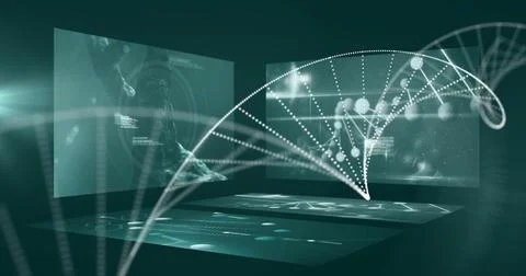 Image of dna strand over data processing on black background Stockfoto's