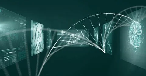 Image of dna strand over data processing on black background Stock Photos