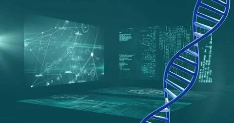 Image of dna strand over data processing on blue background Stock Photos