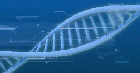 Image of dna strand over data processing on blue background Foto stock