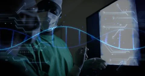 Image of dna strand over diverse surgeons in hospital Stock Illustration