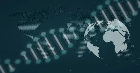 Image of dna strand over globe and world map Ilustração Stock