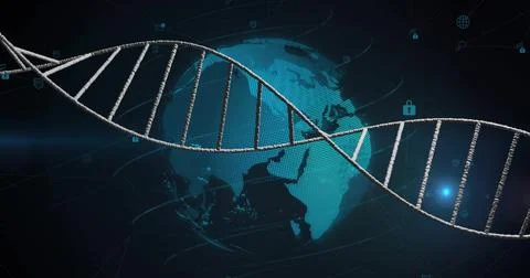 Image of dna strand over globeand data processing Stock Illustration