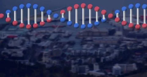 Image of dna strand over landscape Stock Photos