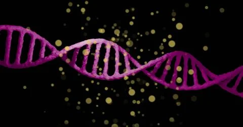Image of dna strand over moving spots Ilustração Stock