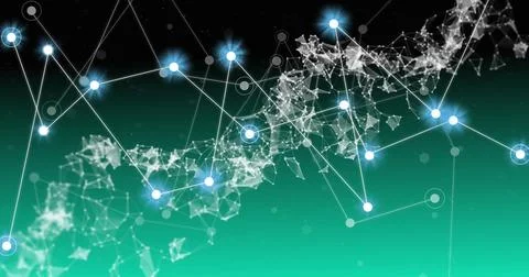 Image of dna strand over network of connections with glowing spots Stockfoto's