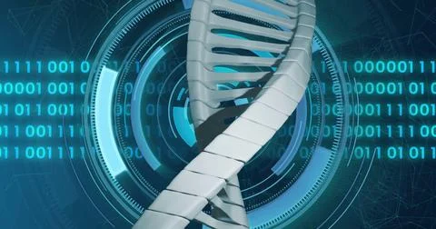 Image of dna strand over scope scanning and data processing Foto stock