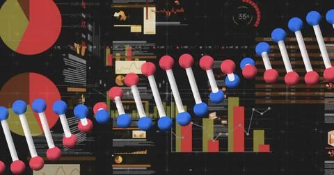 Image of dna strand over statistics Stock Illustration