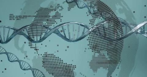 Image of dna strand, scientific data processing over globe spinning Stockillustratie