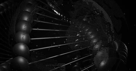 Image of dna strand, scientific data processing over globe spinning Illustrazione stock