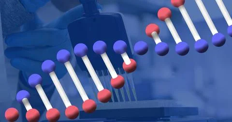 Image of dna strand scientific data processing over scientist in laboratory Stock Illustration
