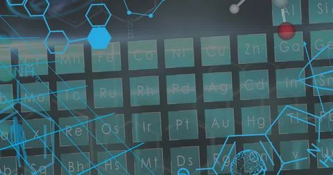 Image of dna strand, scientific data processing over periodic table Stock Illustration