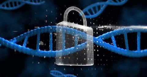 Image of dna strand, scientific data processing over padlock Foto stock