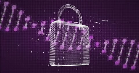 Image of dna strand, scientific data processing over padlock 스톡 사진